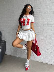SHEIN Unity 女士撞色装饰字母图案休闲夏季印花短袖圆领 T 恤 - 白色 - 查看 6