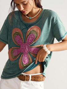 Bohemela Camiseta casual de mujer de manga corta y cuello redondo, de punto en unicolor, con bordado floral de patrón suelto - Multicolor - Ver 1