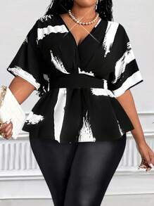 Maweii Áo cánh tay raglan họa tiết hoa đen trắng đơn giản cho nữ cỡ lớn, thiết kế xếp nếp phía sau, phong cách mới cho mùa xuân/hè, đa năng - Đen và trắng - Xem 6