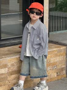 Dazy Kids 小男孩卡通兔子条纹长袖单排扣口袋休闲衬衫，秋季 - 藏蓝色 - 查看 2