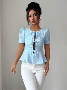 Elenzga Damen Sommer Blumen Jacquard Vorderteil mit Schleife, Bubikragen Kurzarm Bluse - Blau - Übersicht 3