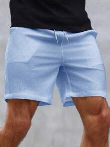 Manfinity Homme 男士夏季休闲纯色抽绳腰短裤 - 霧霾藍 - 查看 4