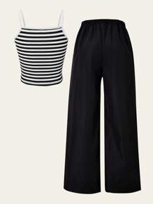 Explorewe 2件套青少年女孩简约条纹背心和休闲宽松裤套装 - 黑色 - 查看 2