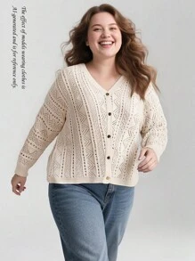 SHEIN CURVE+ 时尚纯色简约休闲优雅金属纽扣加大码开衫 - 杏色 - 查看 4
