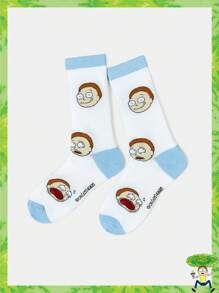 Rick and Morty X SHEIN 1 Par de Meias Tripulação Estilo Cartoon Colorblocked para Mulheres, Moda - Azul e Branco - Visão 2