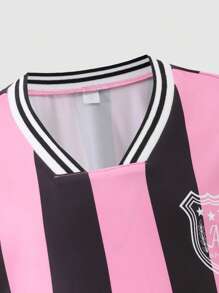 SHEIN Explorewe 2pcs/Set Older Girls' Classic Striped Contrast Print Casual T-Shirt & Loose Sporty Pocket Cargo Pants,Black Pink,Summer,Cow Boy,School,Back-To-School - Multicolor - View 4