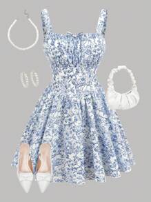 Girlism TEENGIRL 蓝色碎花连衣裙 满花印花褶饰胸围吊带裙，甜美、可爱、派对、度假装，夏季