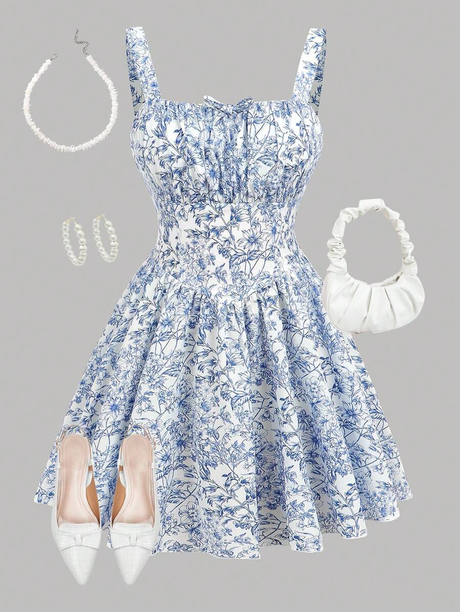 Girlism TEENGIRL 蓝色碎花连衣裙 满花印花褶饰胸围吊带裙，甜美、可爱、派对、度假装，夏季