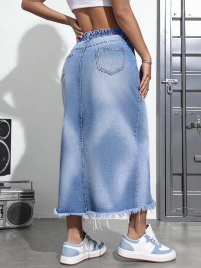 SHEIN SXY Plus Size High Waist Raw Edge Slit Summer Fashion Casual Denim Skirt