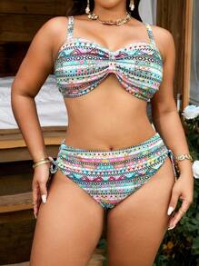 Swim Vcay Set bikini cu bretele tip spaghetti și imprimeu retro pentru vară, mărime plus, pentru plajă și vacanță - Multicolor - Vizualizare 6