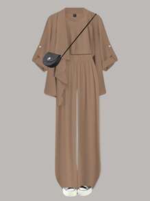 SHEIN LUNE Plus Size Women 3pcs Set: Woven Casual Cardigan + Camisole + Wide Leg Pants Fall Cloth For Women