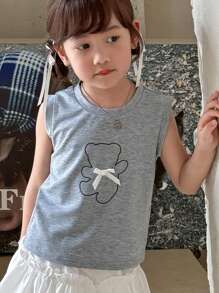 SHEIN Cute Grey Polyester Sleeveless Top With Teddy Bear Graphic For Little Girls  Kids Back To School - Grey - View 1
