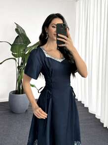 Lacomfia Spring & Summer Placed Print Ribbon Tie Waist Square Neck Cinched Waist Midi Dress For Women - Navy Blue - View 4