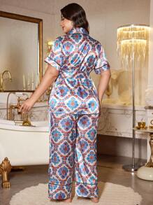 MuseNap CURVE Plus Size Floral Print Lapel Collar Waist Tie Loungewear Set - Multicolor - View 2