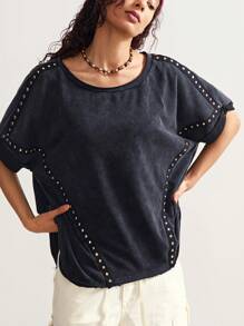Bohemela T-shirt ample en tricot à col rond délavé, style décontracté de campagne bohème avec rivets pour femmes