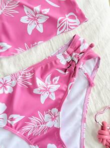 SHEIN Tween Girls Casual Vacation Pink & White Floral Print Camisole & Triangle Bottoms Set - Red - View 5