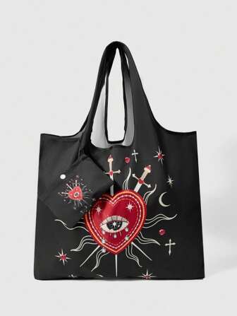 Goth 1pc Heart, Sun, Cross Design Foldable Tote Bag For Women