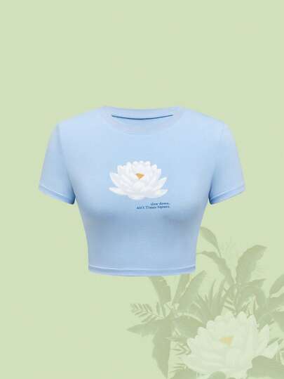 The White Lotus Women Floral Print Slim Fit Cropped Round Neck Short Sleeve T-Shirt