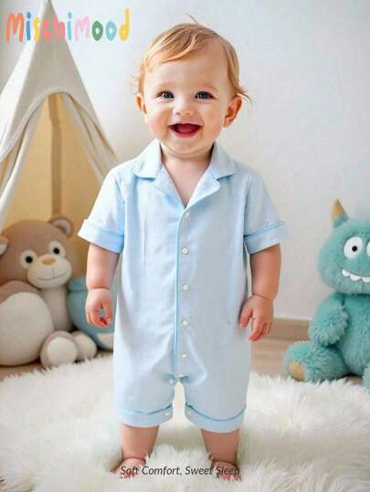 Baby Boy Gentleman Style Striped Lapel Romper Short Sleeve Shorts Set, Minimalist And Fashionable, Light Blue