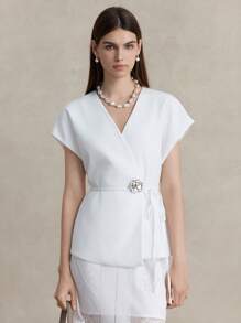 Briarwyn Women's Solid Color Overlap V-Neck Batwing Short Sleeve Lightweight Jacket Summer Fall Women Clothes Old Money Clothes Business Casual Woman All White Party Women Going Out Tops Women