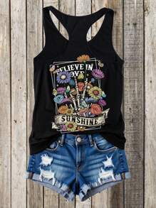 EMERY ROSE 花卉和骷髅印花休闲简约大码吊带背心，适合夏季