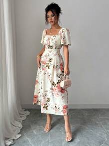 Elenzga Vestido elegante de mujer con estampado floral, cuello cuadrado y mangas de vuelo ideal para vacaciones - Albaricoque - Ver 3