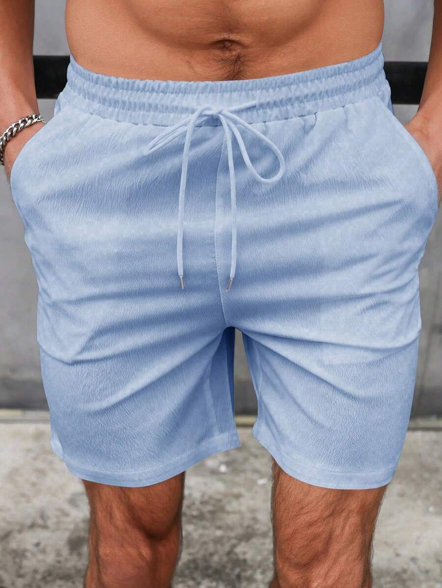 Manfinity Homme 男士夏季休闲纯色抽绳腰短裤 - 霧霾藍 - 查看 1