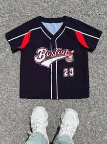 Tween Boy Casual Sport Colorblock Letter Print Short Sleeve Jersey Shirt, Suitable For Summer, Outdoor Play, School, Street Photography, Party And Home Leisure - Black - View 6