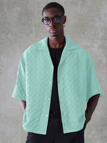 SUMWON Textured Crop Fit Revere Collar Short Sleeve Button Down Shirt Summer Casual Resort Vacation Lightweight Camp Collar Shirt - Teal Blue - View 2