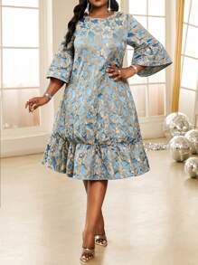 Fleurora Spring And Summer Elegant Modest Party Wedding Cocktail Party Concert/Music Festival Colorful Woven Jacquard Scoop Neck Ball Gown Flared Flounce Sleeve Midi Three Quarter Length Sleeve Plus Size Dresses Classy Outfits Elegant Women Dresses Birthday&Event Dresses Church Dresses Wedding Dresses Holiday Dresses Cruise Women Outfits Classy Outfits For Women Church Outfits Women Festival Outfits For Women Party Dresses For Women Women Summer Dresses Church Dresses For Women Concert Outfit Women Women Summer Clothes Birthday Outfits For Women Wedding Guest Dress Women Summer Dresses For Women