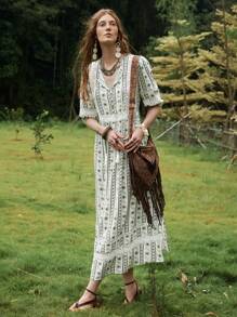 Florisole Women's Casual Elegant Lace Patchwork Faux Linen Floral Print Dress - Multicolor - View 6