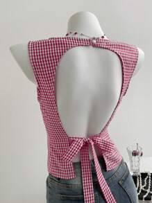 Chiquease 女式格子露背扭纹前部无袖上衣，夏季时尚