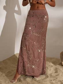 Opulessa Váy đuôi cá thêu họa tiết màu trơn cổ điển dành cho nữ, trang phục ngày lễ, trang phục mùa hè, váy sequin nâu đi nghỉ - Hồng - Xem 7