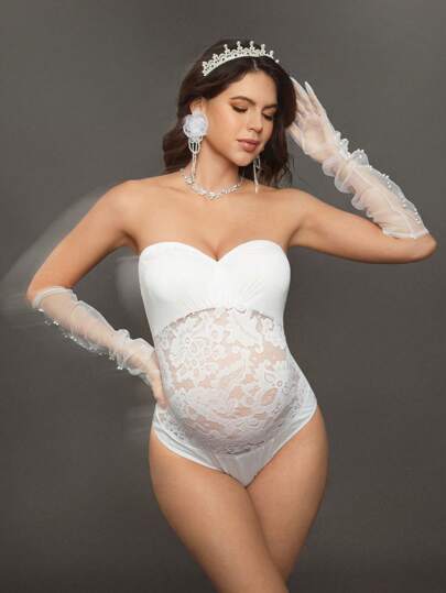 Cheriluna Maternity 孕妇撞色蕾丝荷叶边连体衣，摄影服装