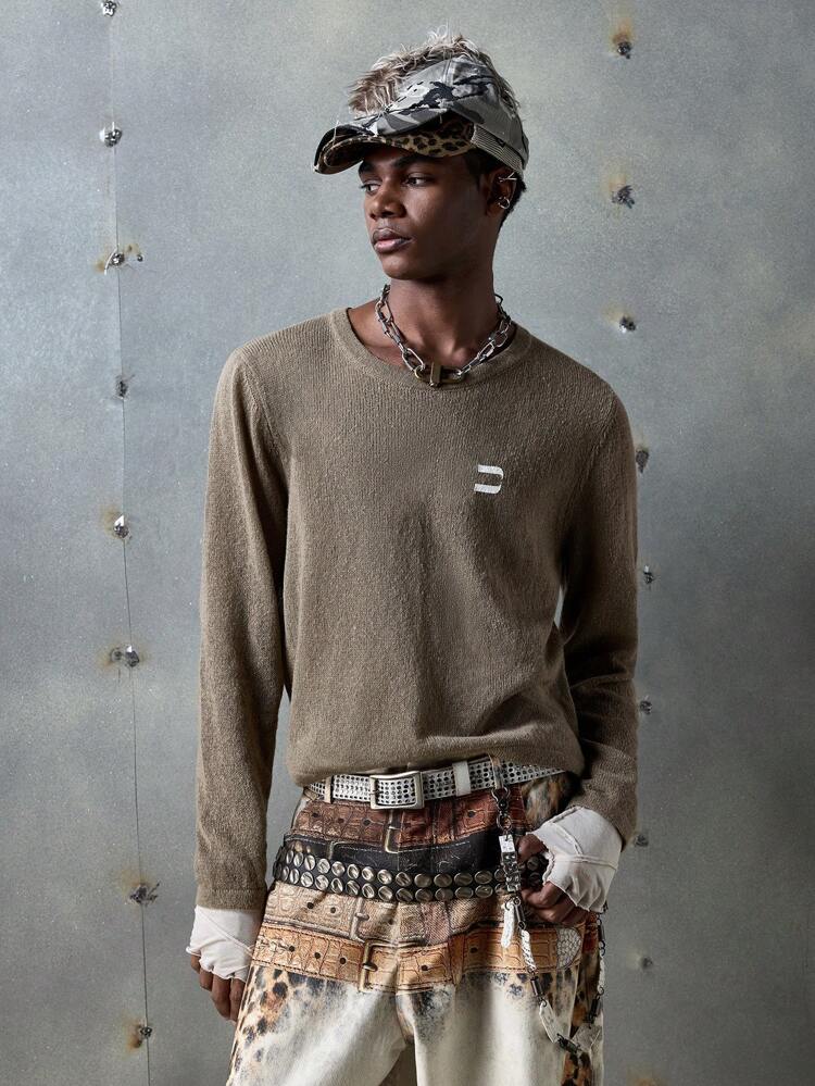 Men Street Fashion Embroidered Long Sleeve Knit Top, Streetwear Essential