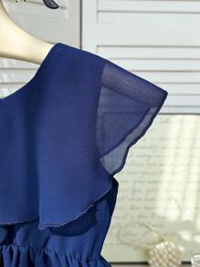 SHEIN Đầm hè đơn giản không tay cho bé gái, chất liệu vải ngọc trai, viền bèo nhún, cạp chun, màu trơn thoải mái, thích hợp mặc ngoài và ở nhà, đầm màu xanh navy cho bé gái, đầm màu xanh hoàng gia cho bé gái. - Màu xanh hải quân - Xem 4