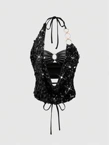 ROMWE Avant Top halter sin espalda con cuello con lentejuelas y escote sexy para mujer, para festivales de música - Negro - Ver 1