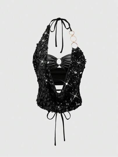 ROMWE Avant Music Festival Sequin Draped Neck Sexy Backless Halter Tank Top For Women