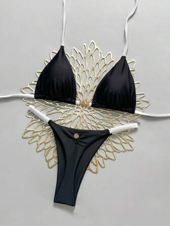 Swim Mod Women's New V-Neck Metal Decor Solid Color Halter Backless Triangle Bikini Set, Sexy Thong Swimsuit, Spring/Summer