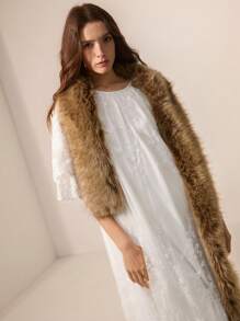 BELROSIE French Romantic Style Lace Round Neck Long Dress, Flared Skirt, Ruffle Layered, Loose Fit, Mid-Sleeve - White - View 3