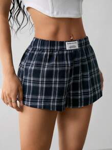 SHEIN PETITE Women's Casual Plaid Print Patch Label Shorts, Summer - Navy Blue - View 9