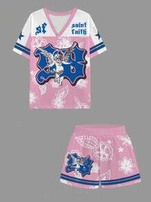 Slaydiva 2025春夏休闲简约球衣套装赛车运动服98号圣菲斯小天使图案粉色花卉印花女式V领宽松T恤短裤两件套适合夏季 - 彩色 - 查看 4