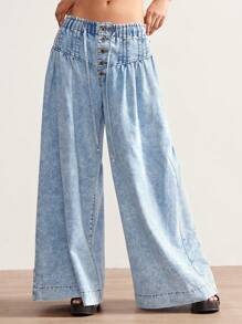 Bohemela Boho Deinm 女士休闲纯色梭织牛仔裤宽松女式度假装阔腿牛仔裤女式度假装 - 藍色 - 查看 8