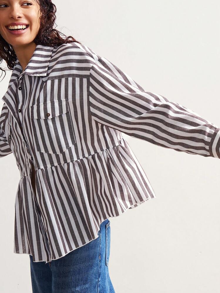 Bohemela Boho Casual Woven Striped Shirt For Women With Collar, Long Sleeve And Loose Fit Asymmetric Hem Shirt With Pockets, Vintage Country Style Vacation For Summer/Autumn - Multicolor - View 4