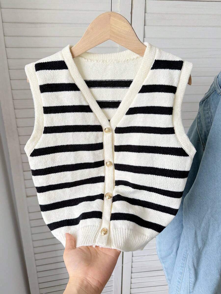 SHEIN 青少年女孩休闲简约舒适V领无袖条纹毛衣，带金属扣细节