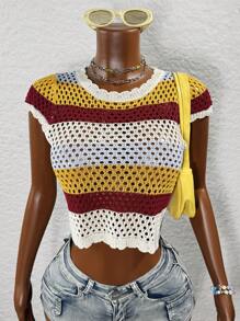 BamGleam Women Crew Neck Cap Sleeve Hollow Out Cropped Knit Sweater - White - View 4