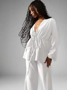 MISSGUIDED 亚麻质感阔腿裤 Co Ord 波西米亚风夏季度假装长袖分层衬衫阔腿裤秋季假日时尚 - 白色 - 查看 4