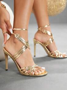 CUCCOO SZL Women's Sexy Fashion Thin Strap Round Toe High Heel Sandals, Casual Versatile Ankle Strap Gold Heeled Shoes