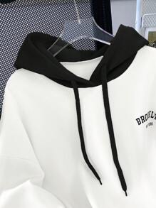 SHEIN EZwear Áo nỉ trùm đầu tay dài phối màu dành cho nữ, thiết kế thời trang tối giản, phù hợp cho lễ tốt nghiệp mùa hè, trở lại trường, tốt nghiệp, giáo viên, áo chui đầu trở lại trường mùa thu - trắng - Xem 3