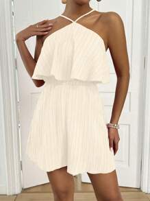 Breezaya Mono de mujer de unicolor de piqué con cuello halter, cintura con cordón y dobladillo con volantes